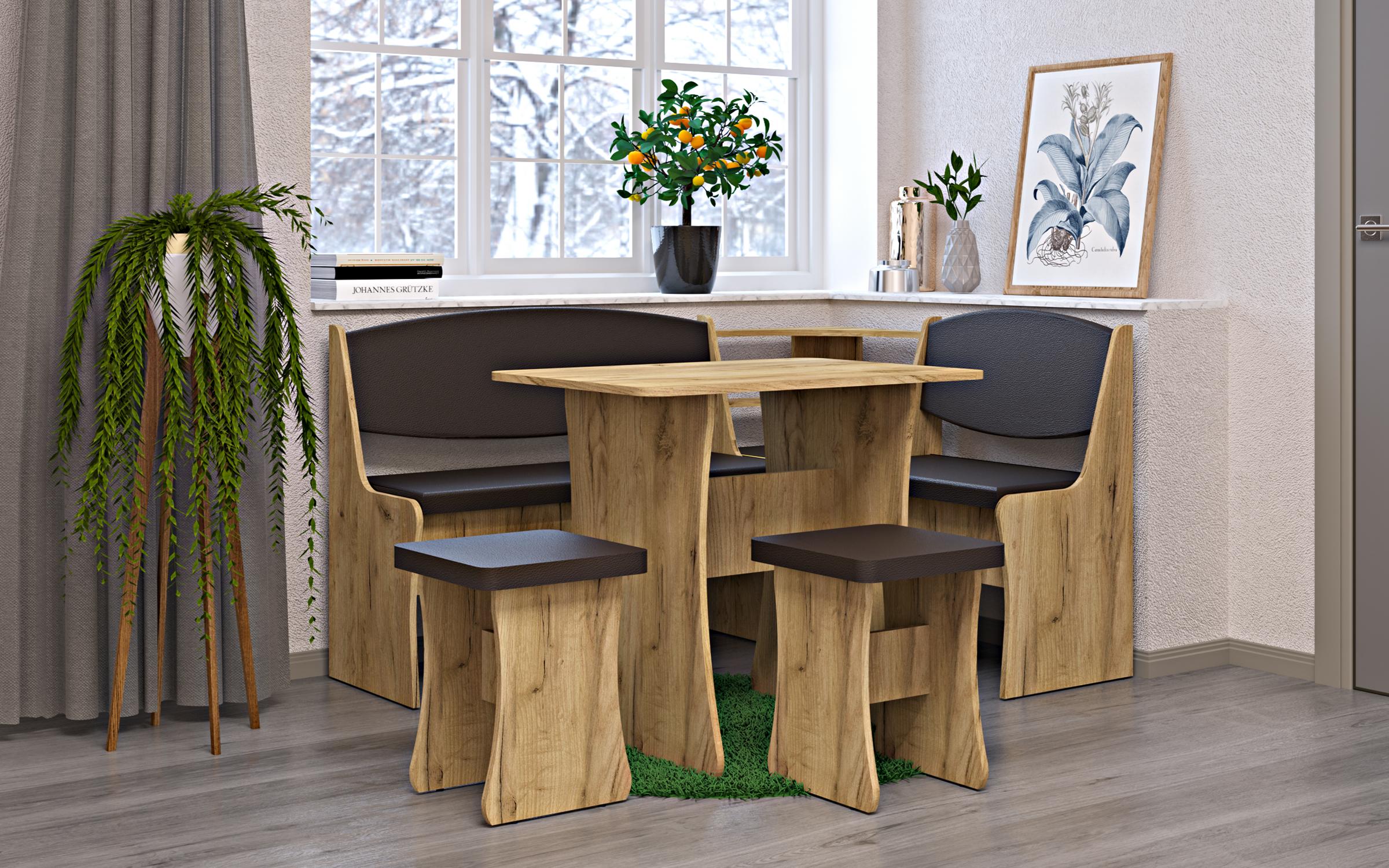 Set mobila pentru sufragerie Praim, stejar craft auriu + piele maro inchis  1